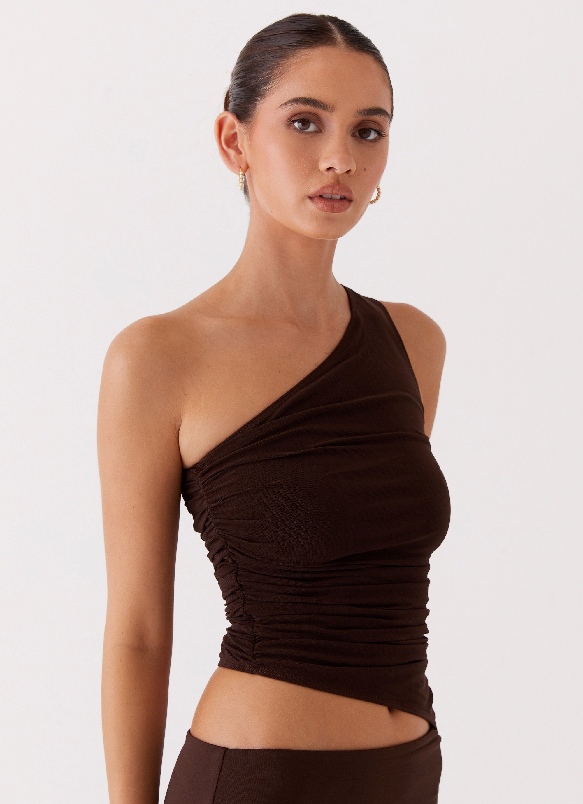Womens Seranella One Shoulder Maxi Dress in the colour Chocolate in front of a light grey background